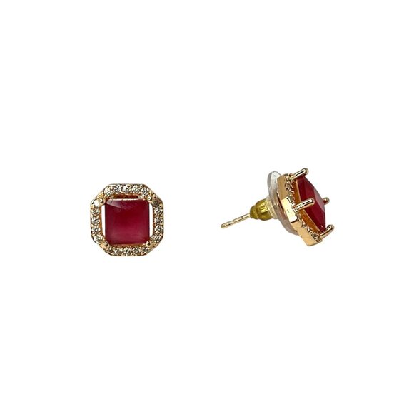 Elegant Ruby Red & Diamond-Look Halo Stud Earrings Gold-Tone Classic Fashion - Picture 4 of 6